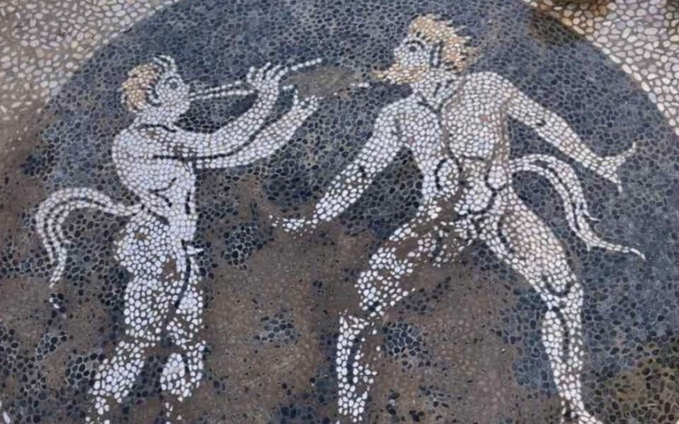 Pebble mosaic floor with satyrs uncovered in Eretria